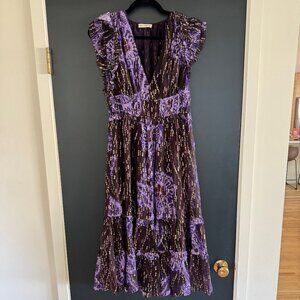 Ulla Johnson Size 8 Silk Blend Metallic Patterned Midi Dress